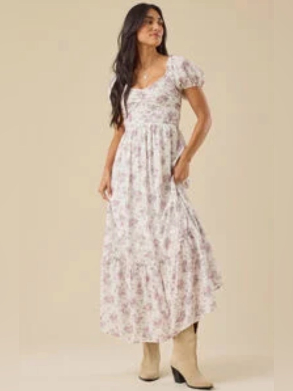 Altar'd State Light Pink Floral Puff-Sleeve Maxi Dress